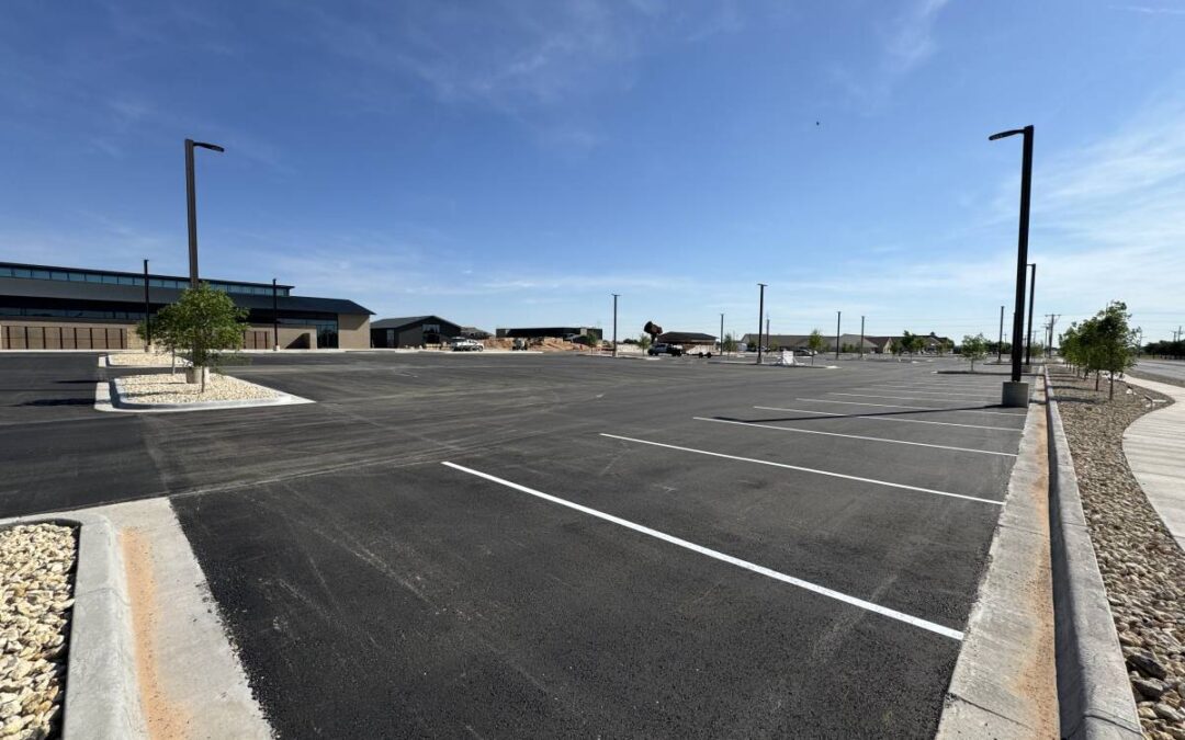 Newly paved commercial parking lot with fresh asphalt, painted parking lines, and modern light poles under a clear blue sky.