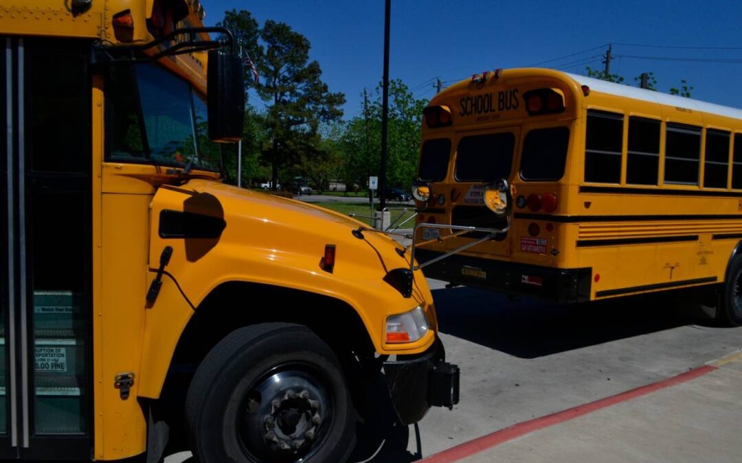 Yellow school buses parked in a school lot, highlighted for a West Texas campus parking lot safety checklist blog by Danny's Asphalt Paving.